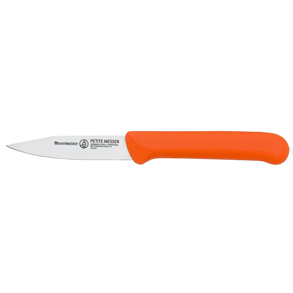 MESSERMEISTER serie PETITE schilmes RVS 7,5cm middenspits lemmet oranje kunststof heft
