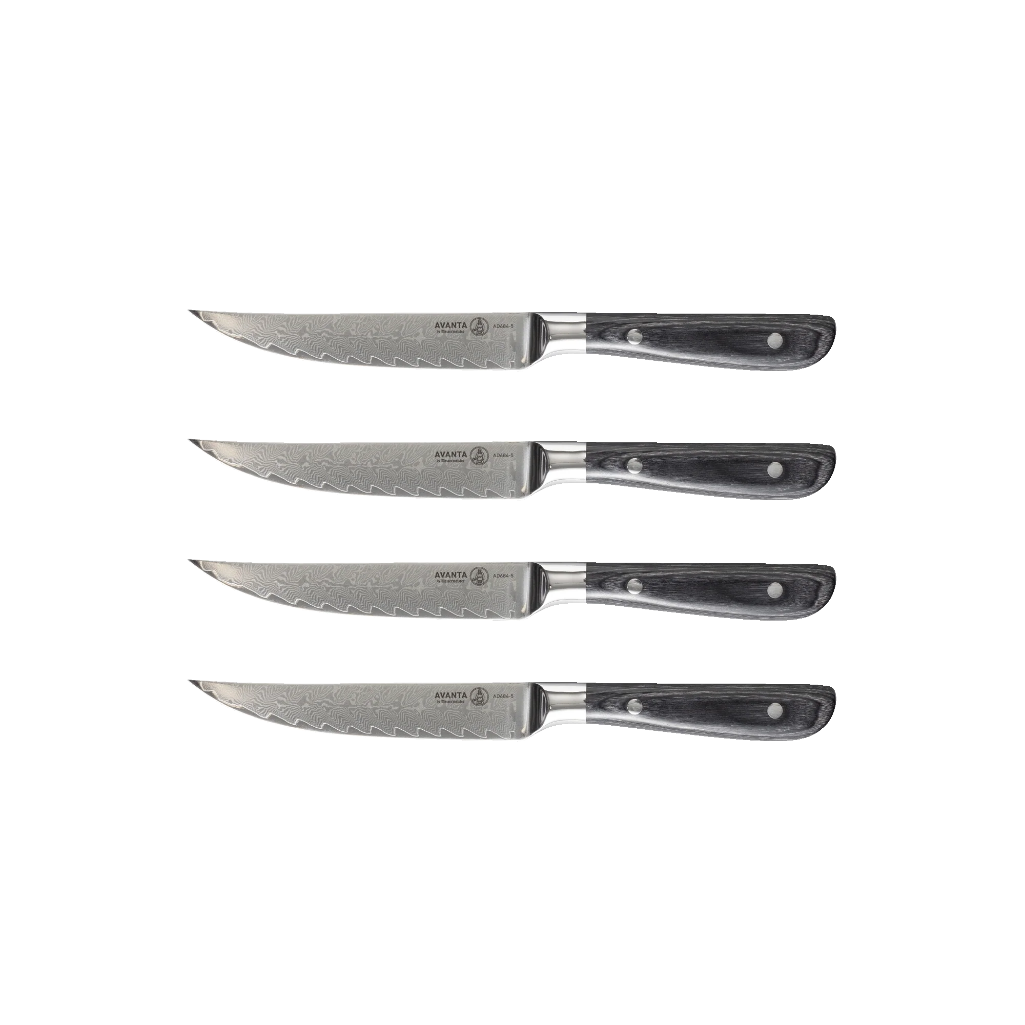 MESSERMEISTER serie AVANTA DAMASCUS set 4 steakmessen 12,7cm lemmet pakkawood heft