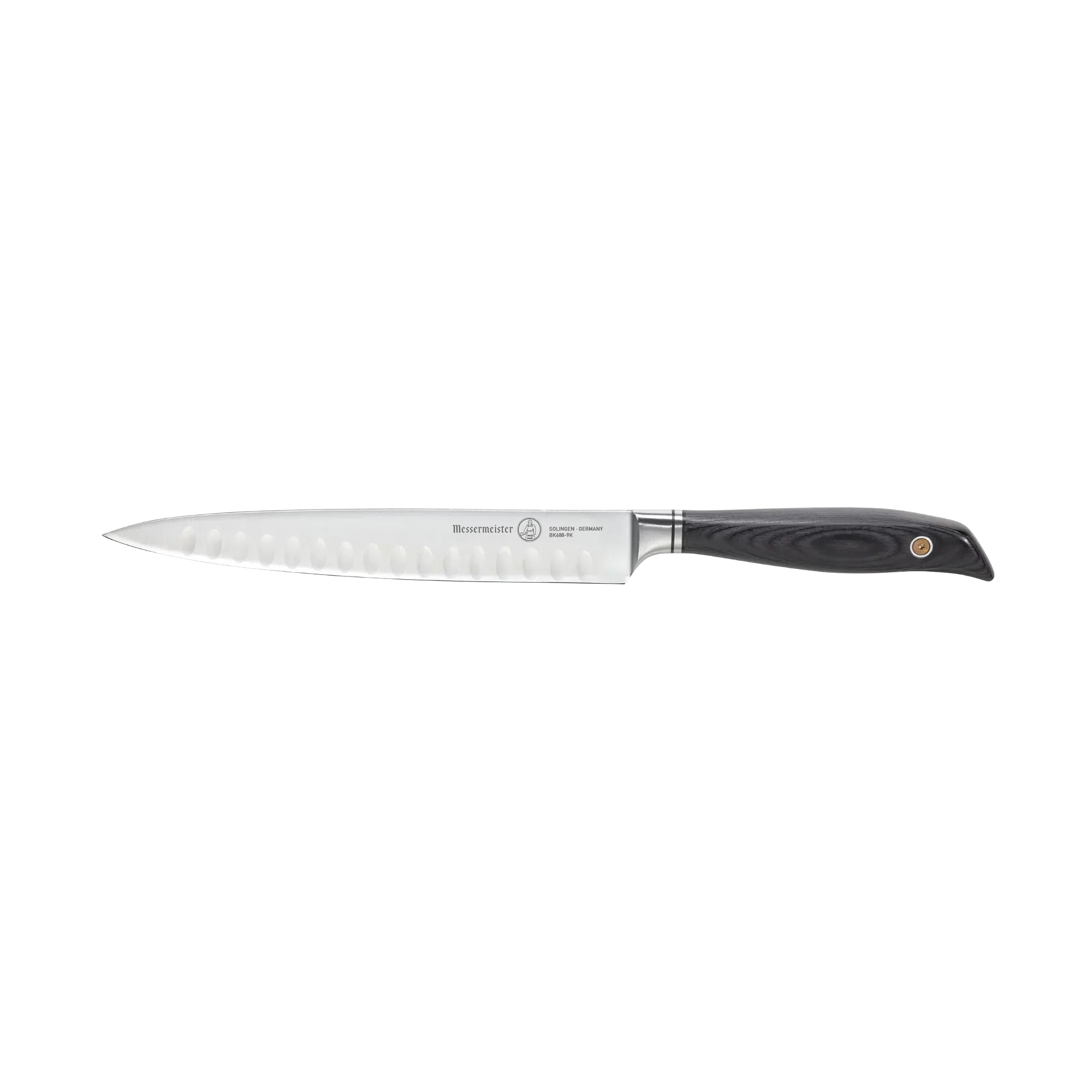 MESSERMEISTER serie BLACKSMITH 23cm koksmes KULLENSCHLIFF lemmet Ebbenhouten heft