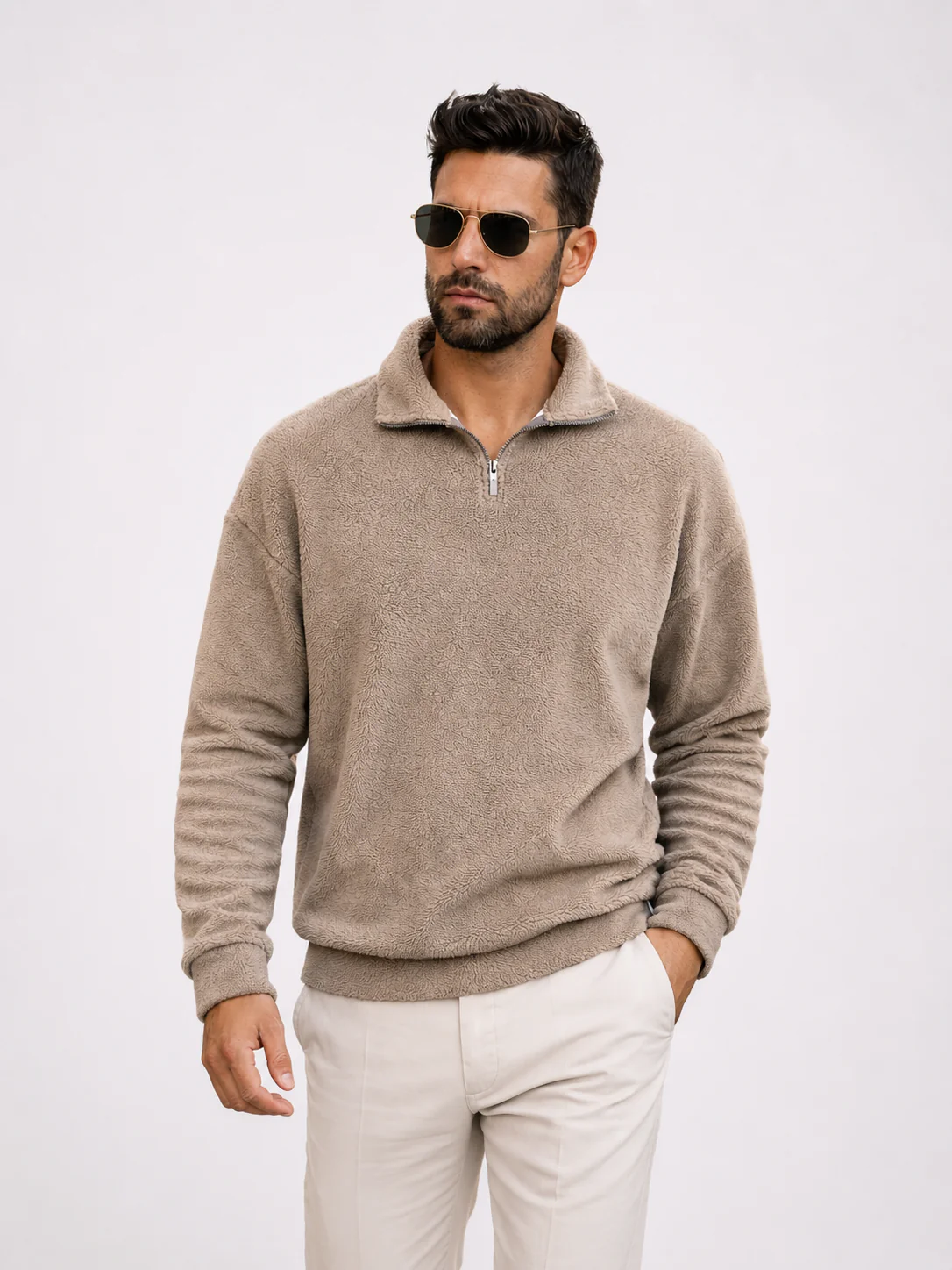 Classic Zip Fleece Pullover – Beige