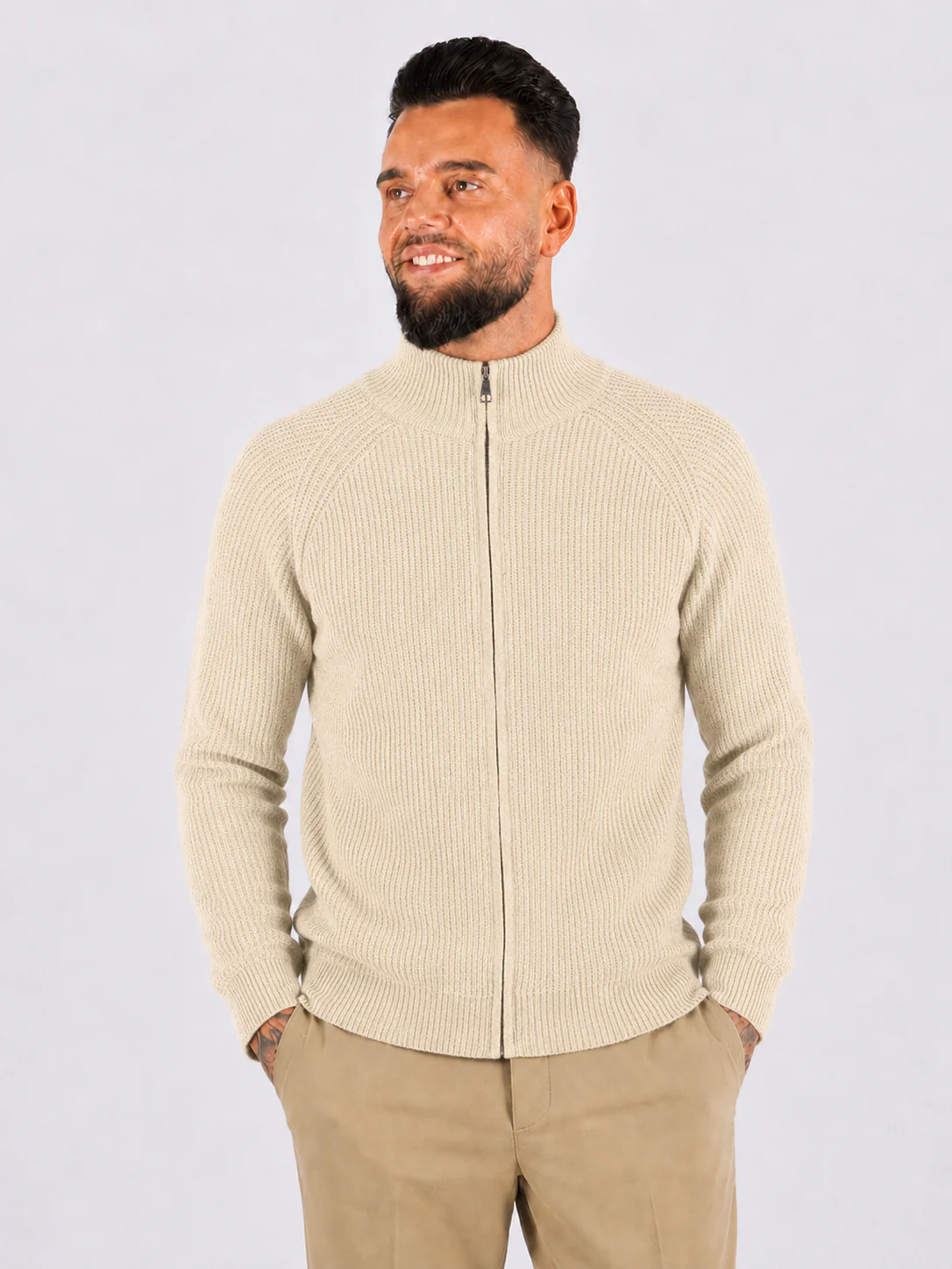 Zip Through Rib Knitwear – Beige