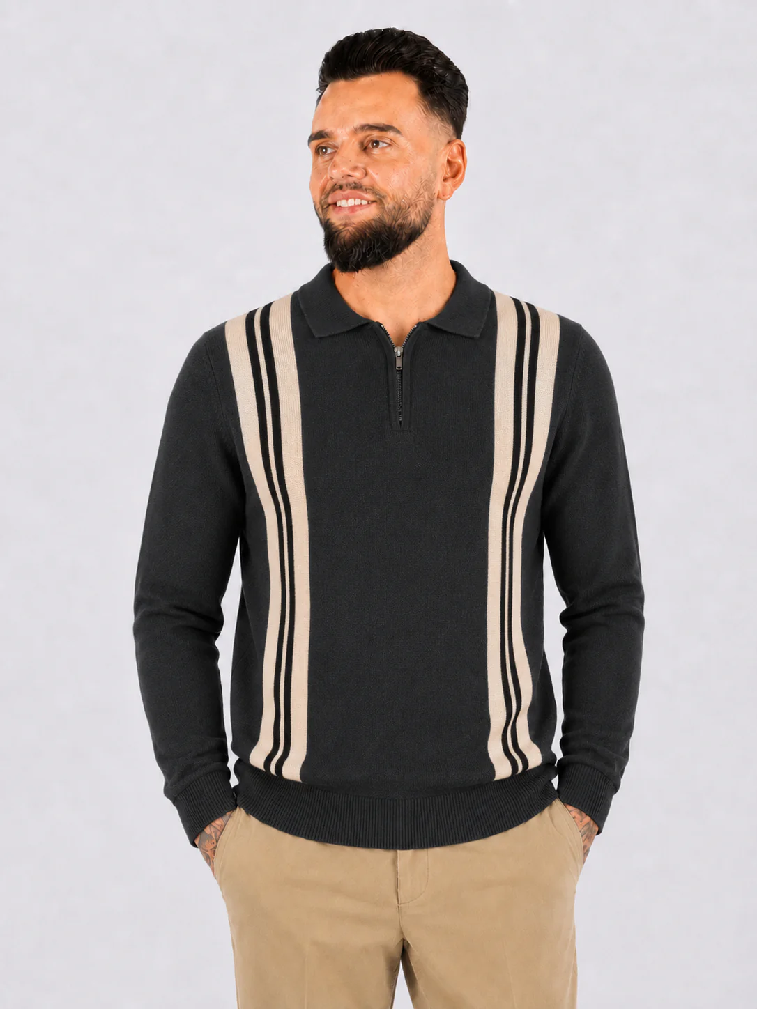 Collar V-Neck Knitwear, Colour Block Stripe Detail – Black