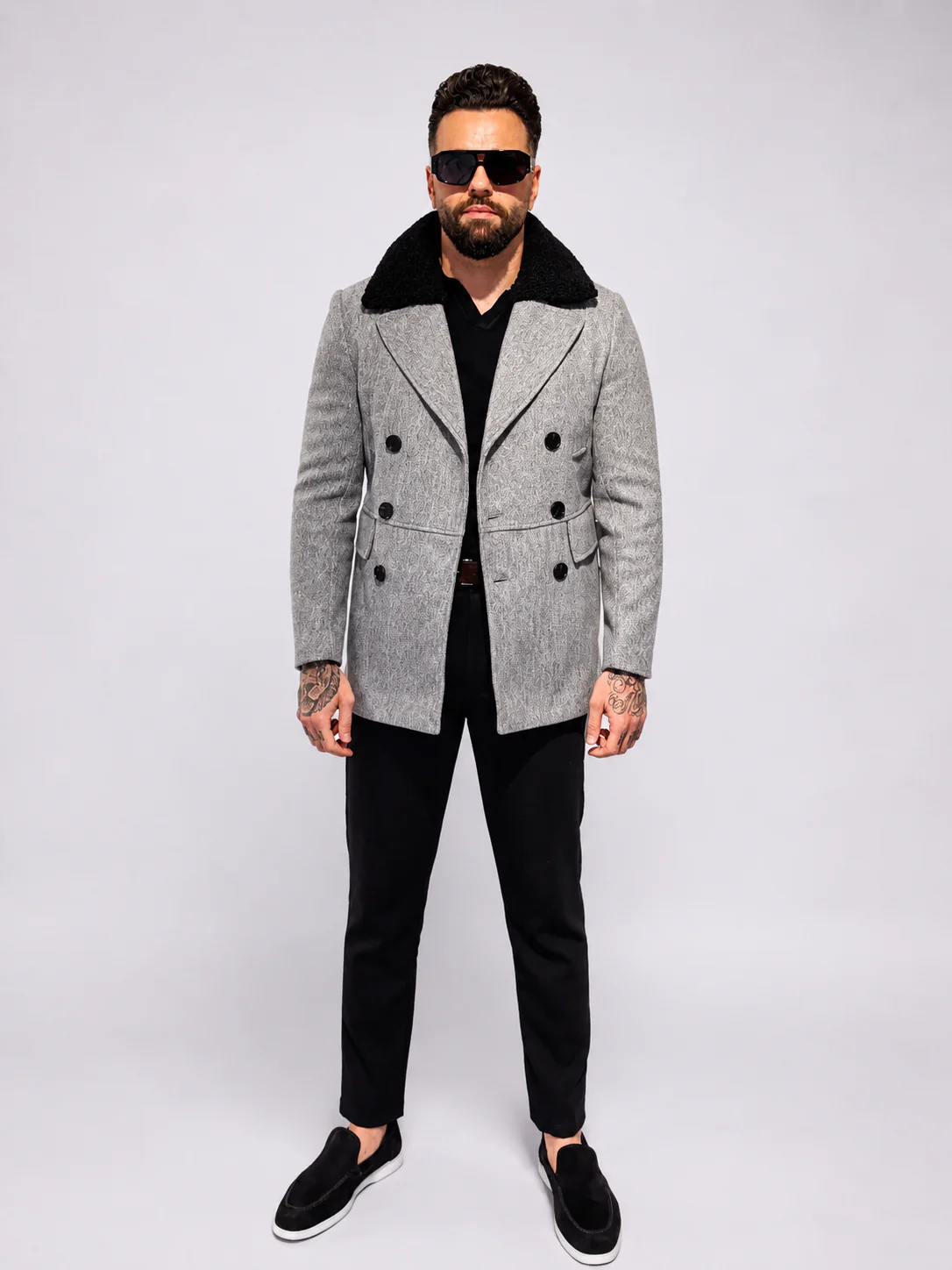 Double Breasted Short Coat With Fur Trim – Grey