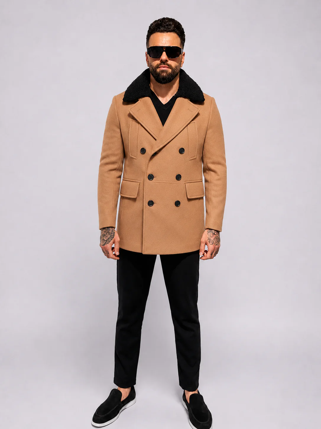 Double Breasted Short Coat With Fur Trim – light brown