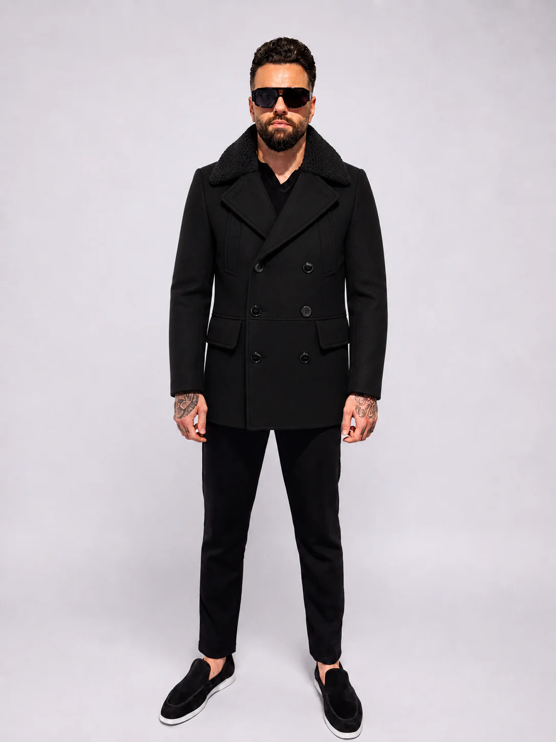 Double Breasted Short Coat With Fur Trim – Black