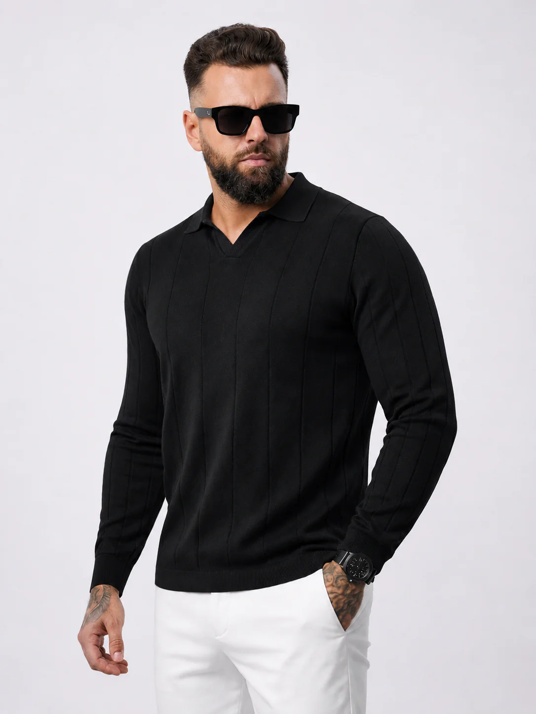 Buttonless Knitwear Polo Long Sleeve Black