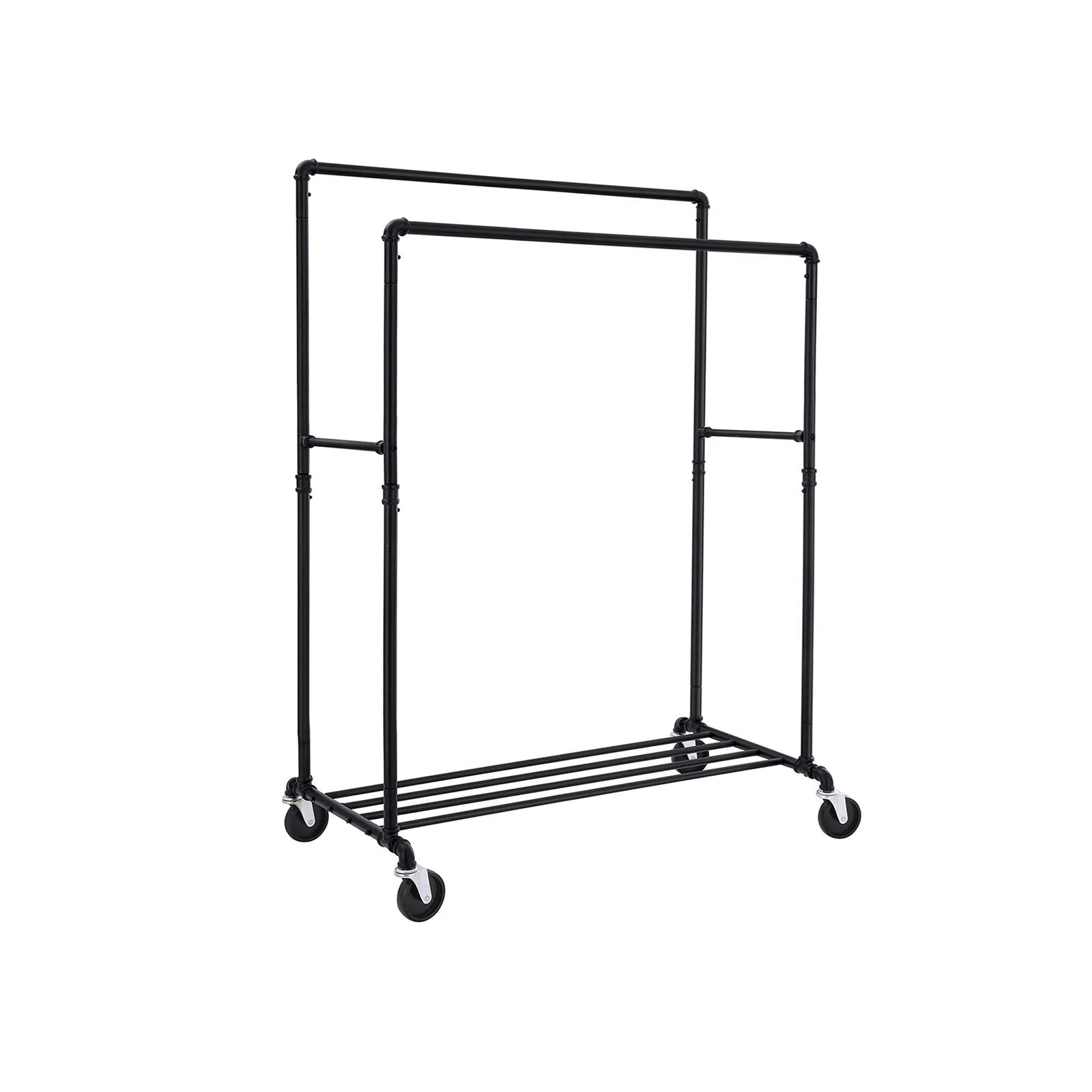 Kledingrek – Industrieel design – Verstelbare plank – Met dubbele rail – Tot 110 kg draagvermogen – 4 wielen met blokkeerremmen