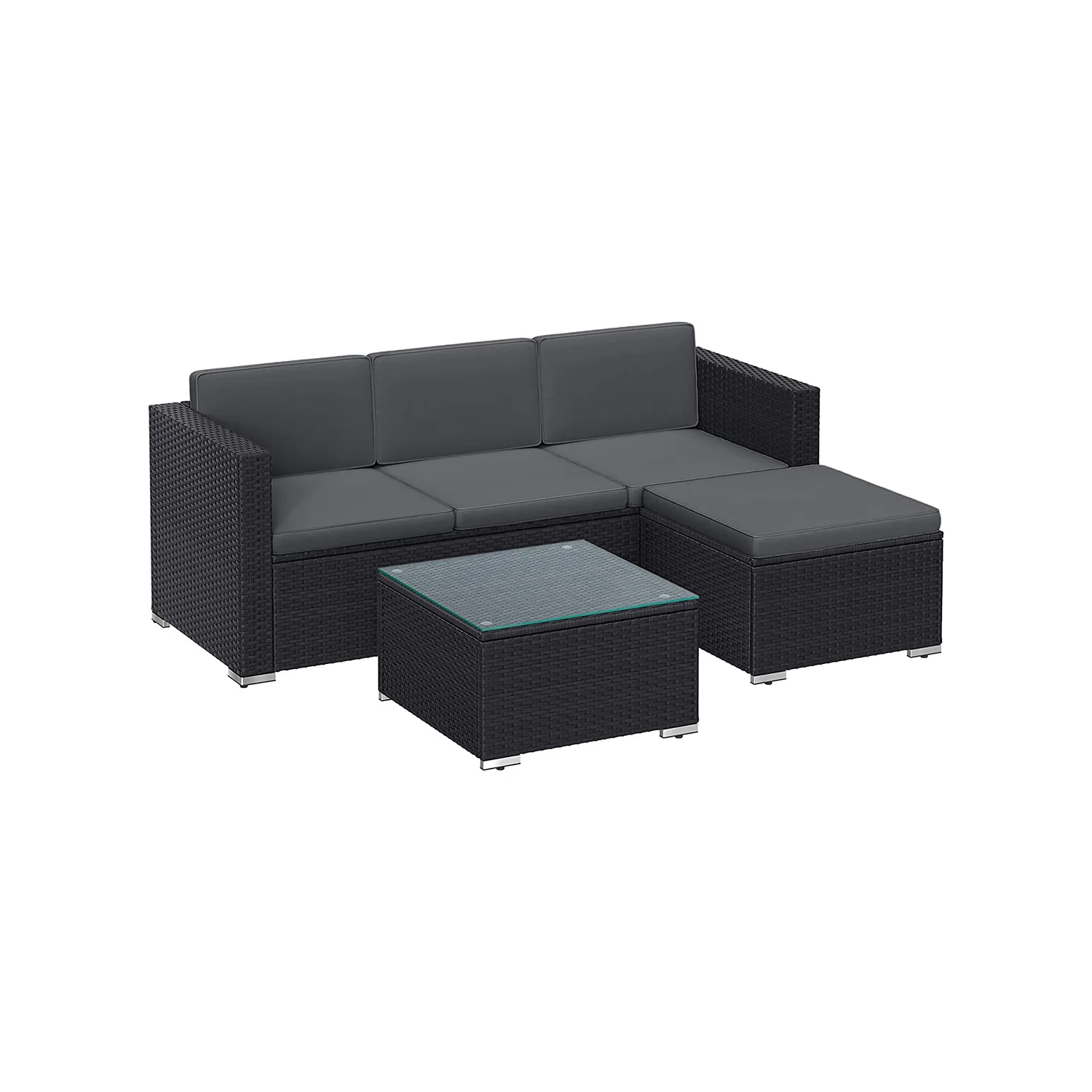 Tuinmeubelset – met kussens en glazen tafel – zwart en grijs