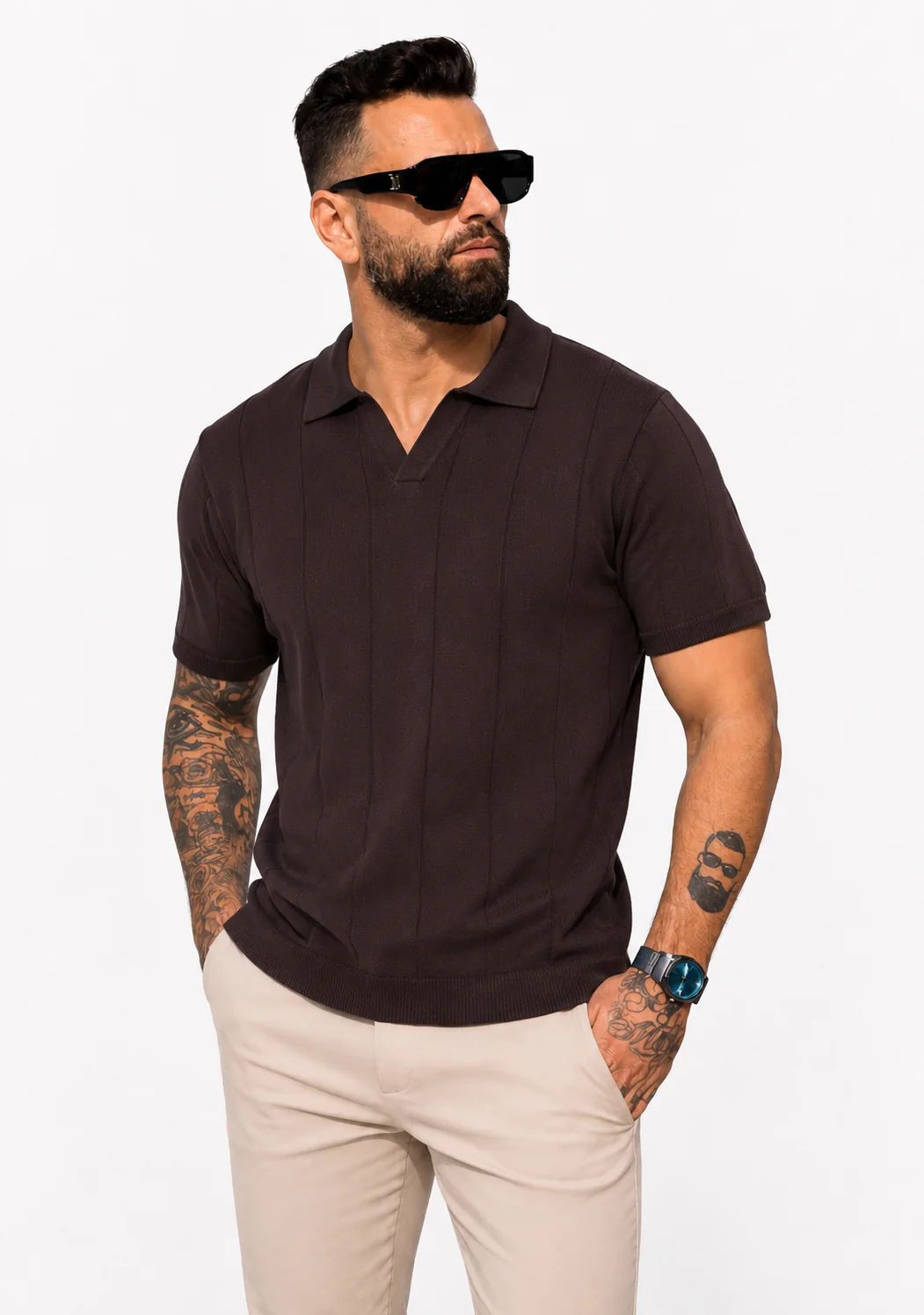 Buttonless Knitwear Polo Short Sleeve Brown