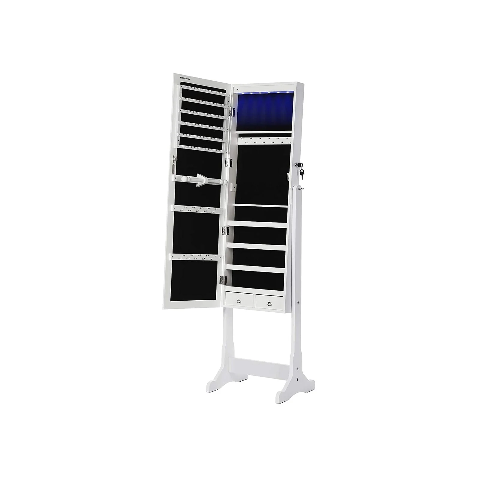 Sieradenkast met LED-verlichting en afsluitbaar slot – wit