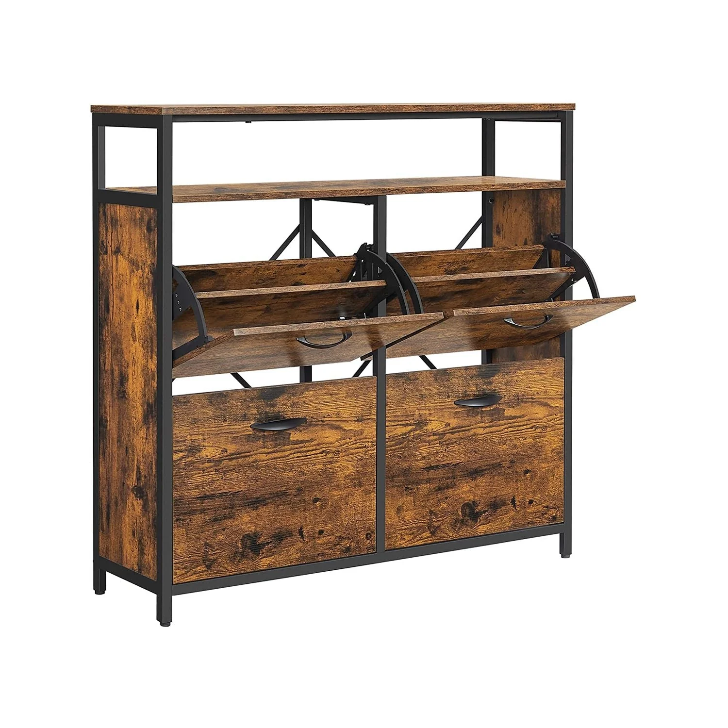 Schoenenkast – 4 kleppen – Voor 12-20 paar – Bruin / Zwart – 98,3 x 30 x 95 cm