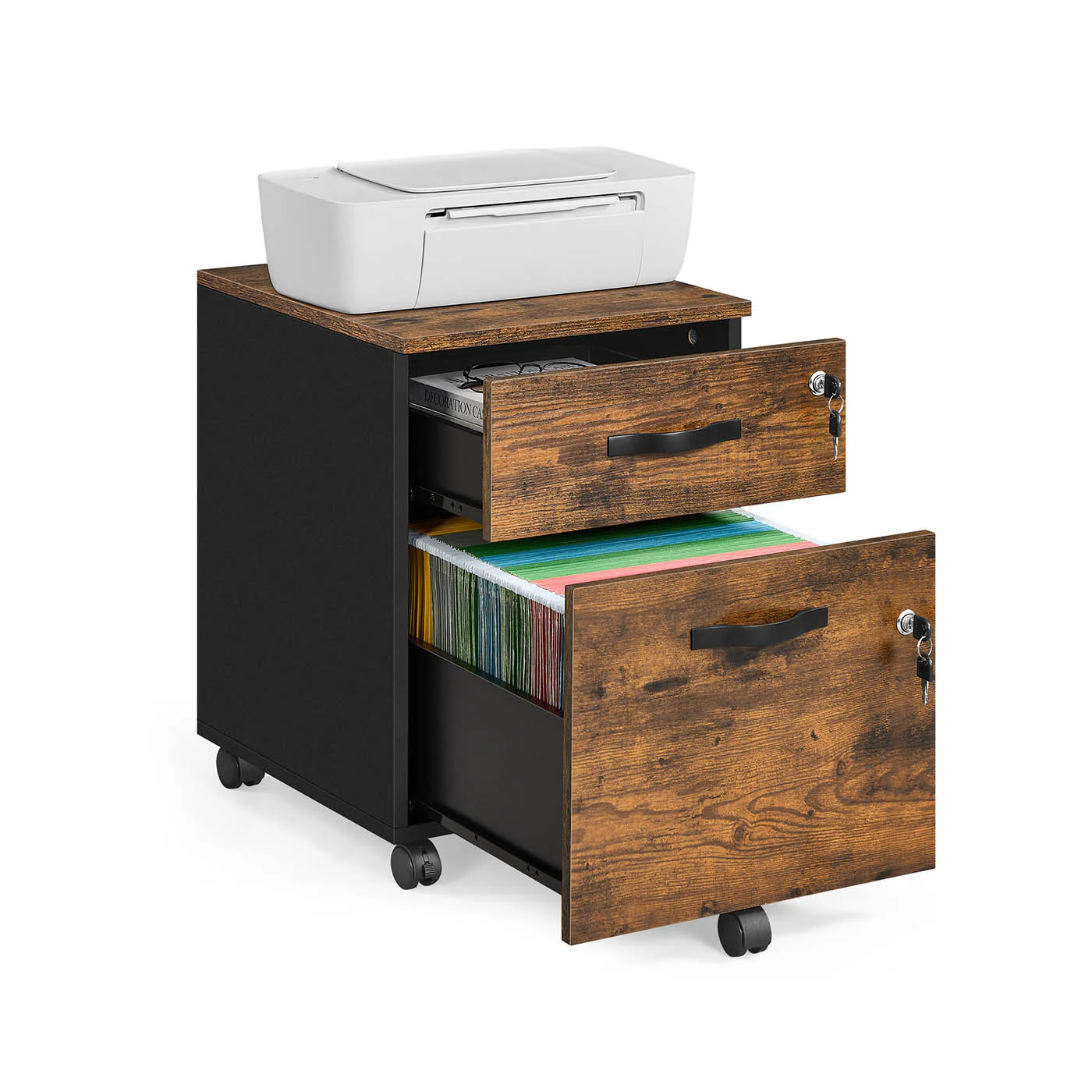 Rolcontainer 43,8 x 40 x 54,4 cm – 2 lades – Met wielen – Vintage bruin-inktzwart – Tot 30 kg draagvermogen