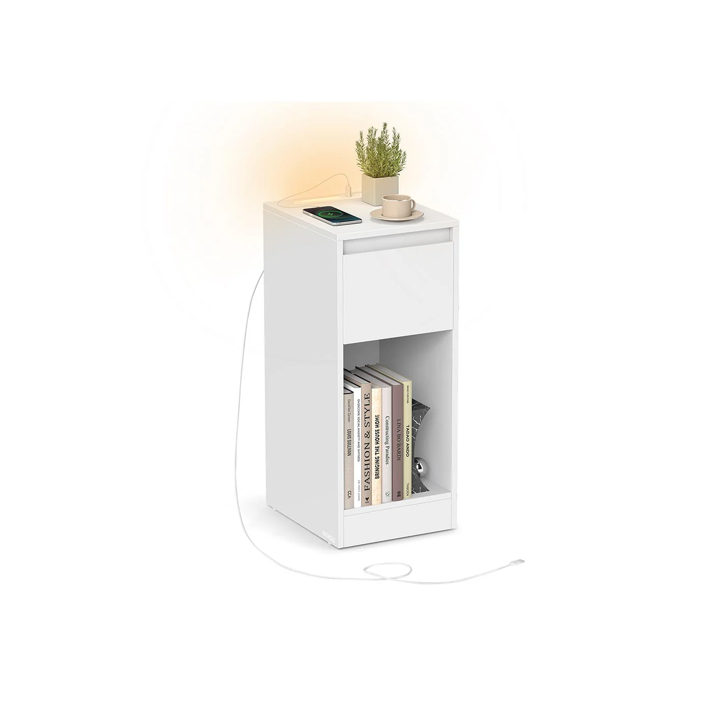 Nachtkastje met LED-verlichting – Cloud White – 30 x 25 x 59,5 – Met  2× USB-A en USB-C poorten – Cloud White