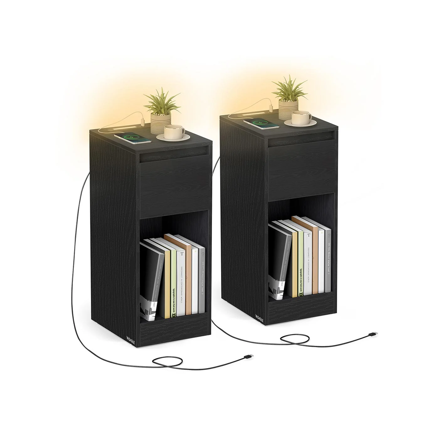Nachtkastje met LED-verlichting – Zwart – 30 x 25 x 59,5 cm – Met USB-A & USB-C poorten