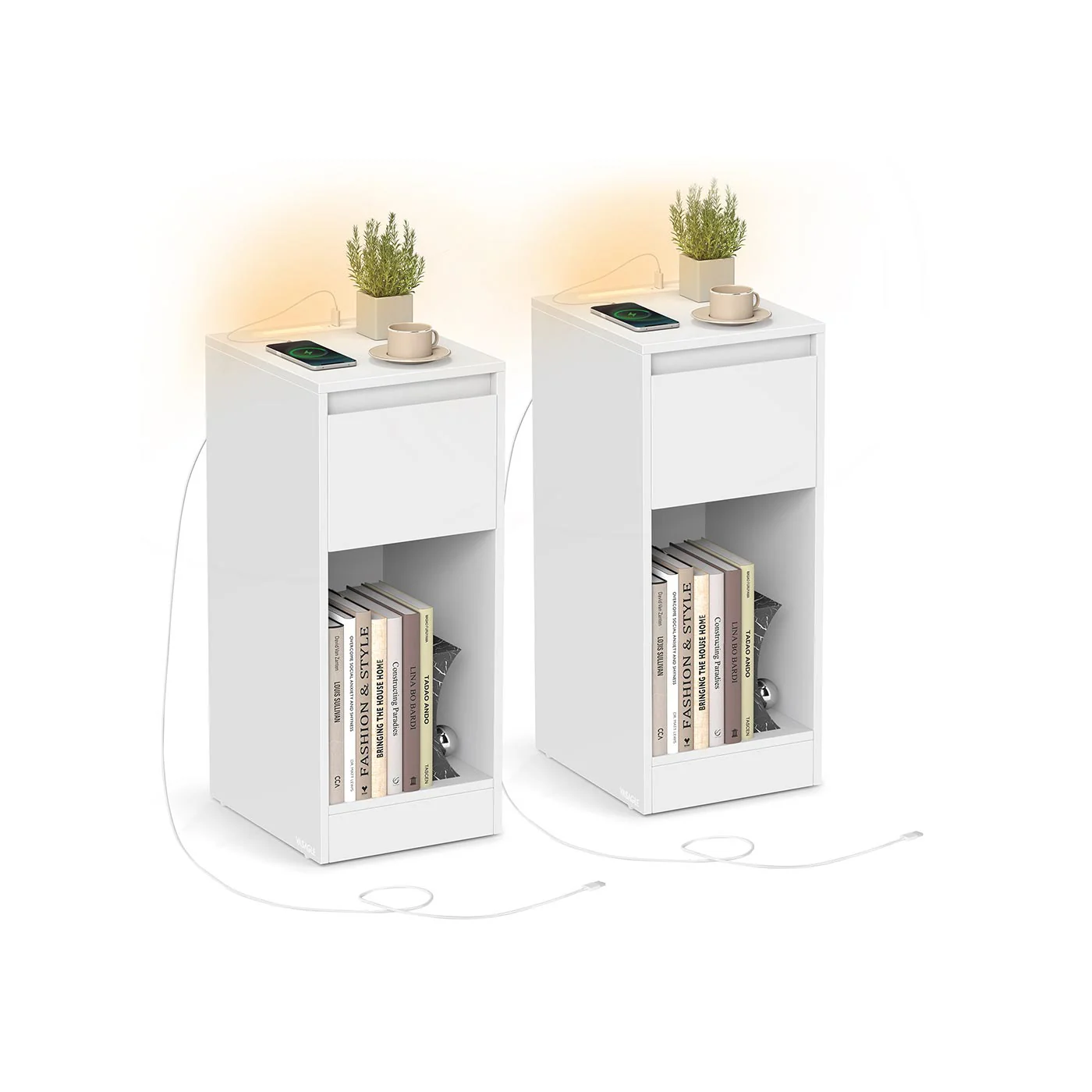 Nachtkastje met ledverlichting en USB-poorten – Cloud White