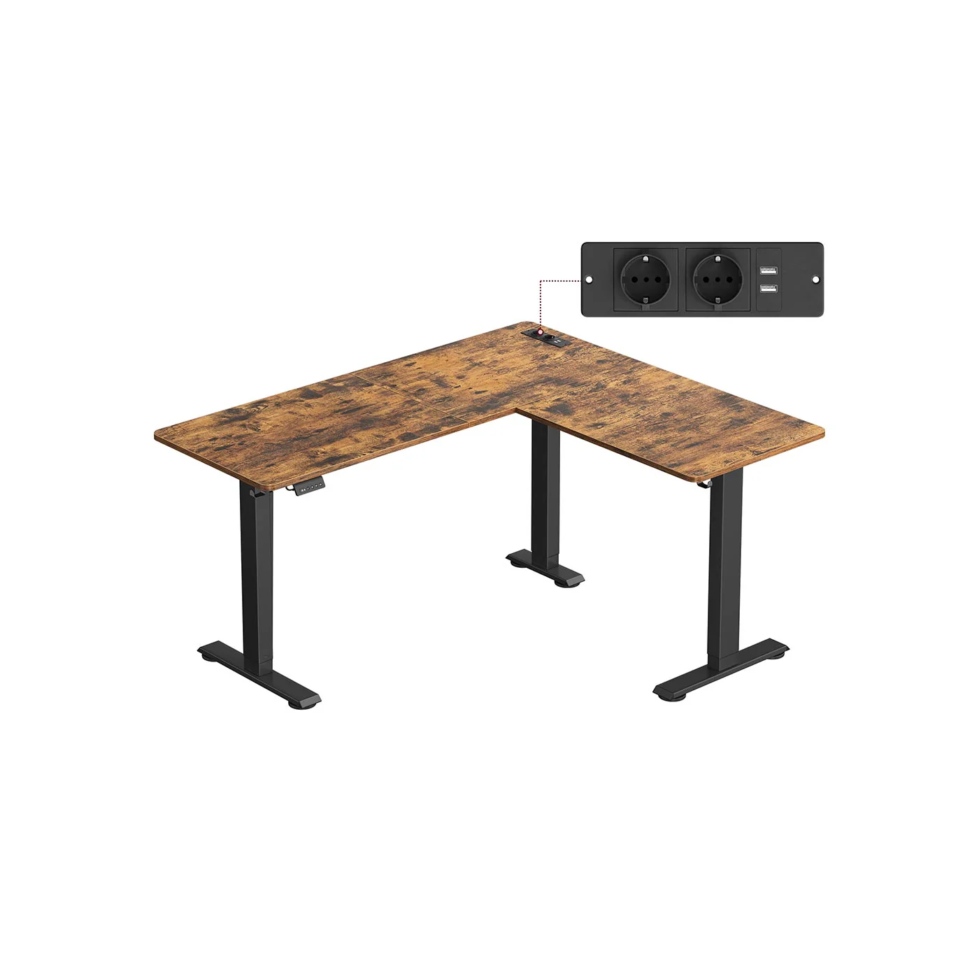 Hoekbureau – 140 x 160 – In hoogte verstelbaar (72 – 120 cm) – 2 geheugenstanden – met LED Display – 2x Stopcontact – 2x USB A