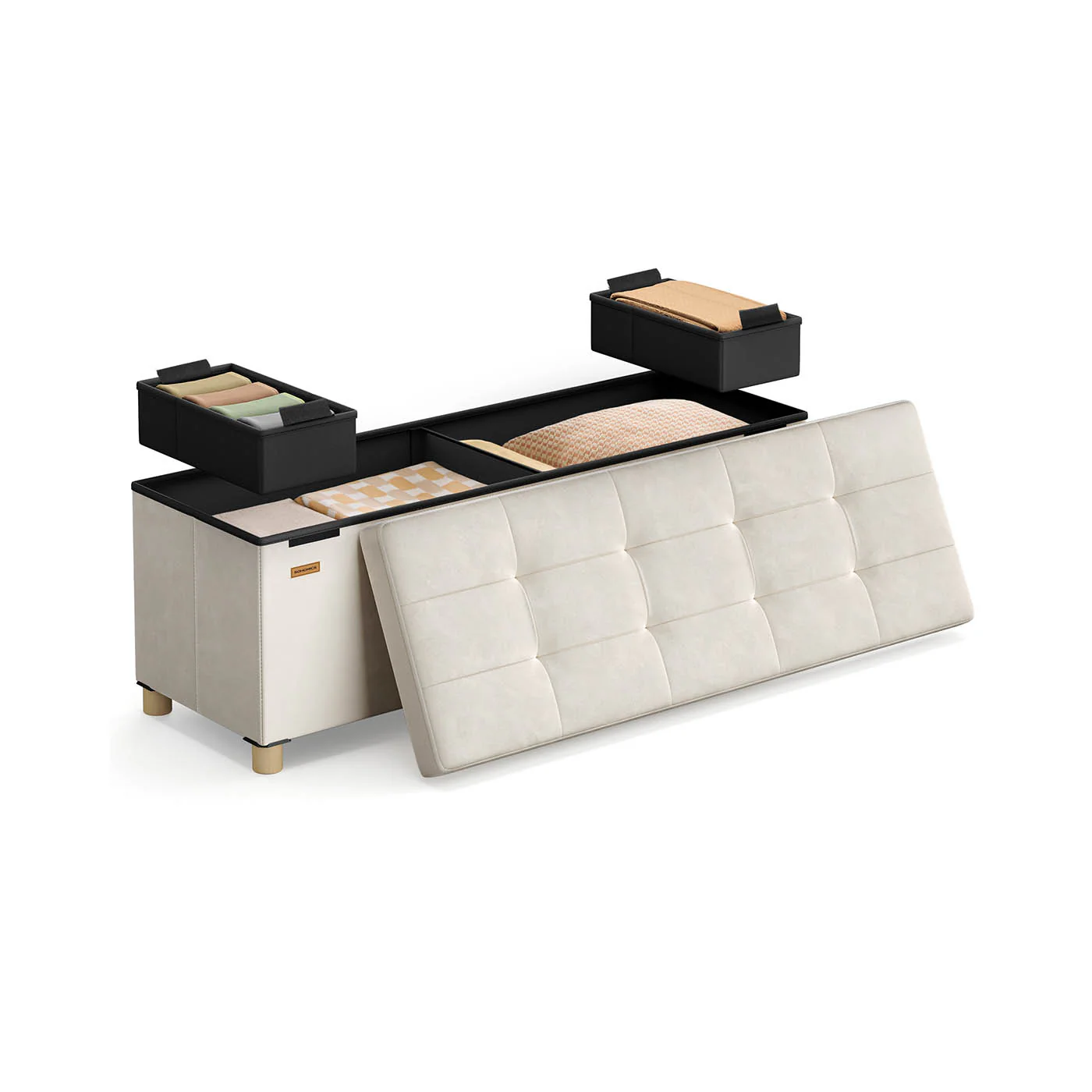 Opbergbank met Deksel – Ruime Opbergruimte – Fluweel – Beige
