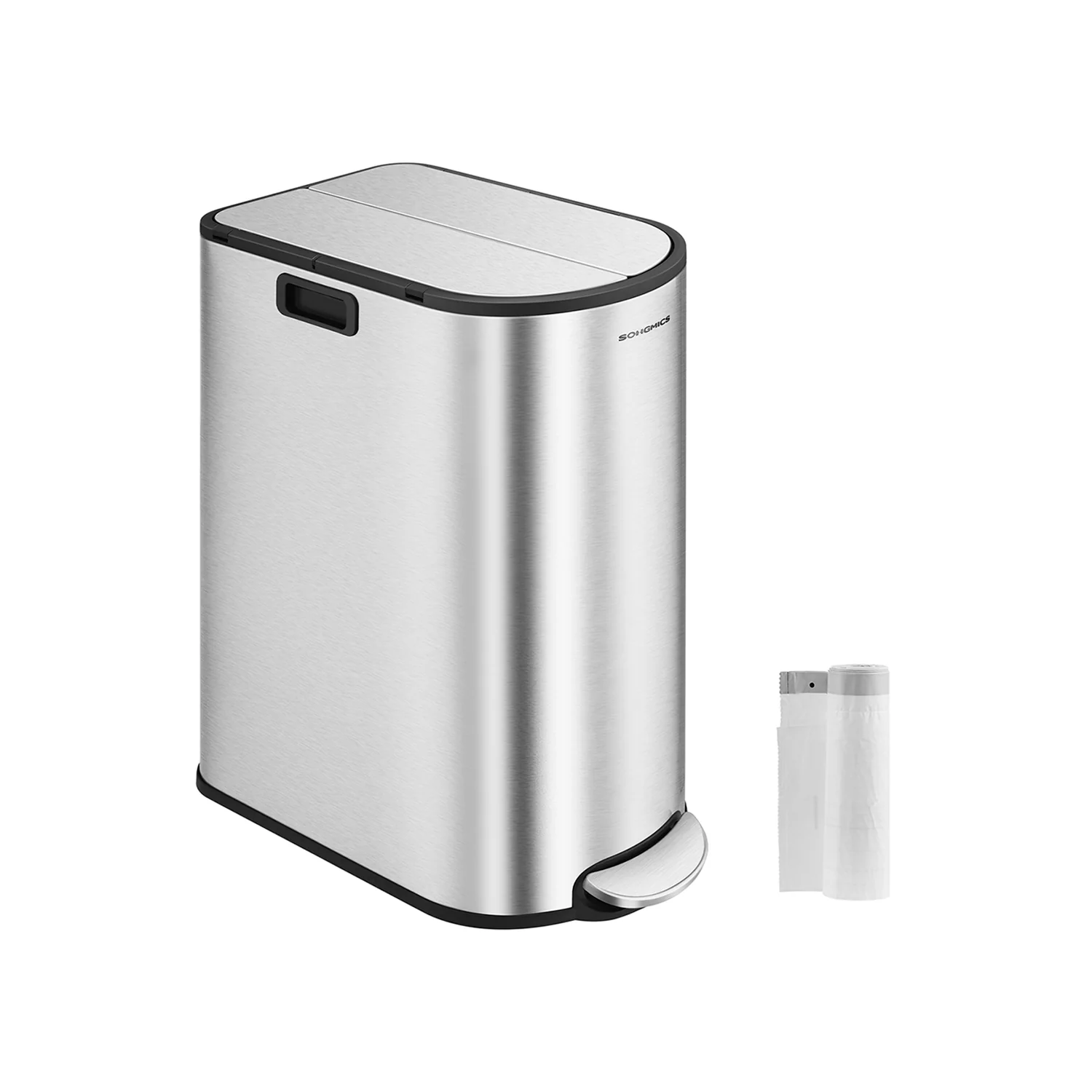 Prullenbak met 2 x 30 L compartimenten – Met binnenemmer – 49 x 29 x 64 cm – Metallic zilver