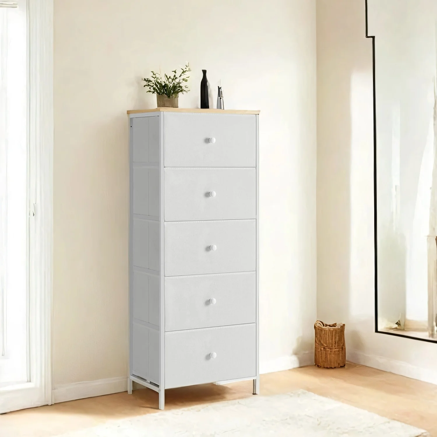 Ladekast – 5 Stoffen Lades – Metalen Frame – Geel-Wit