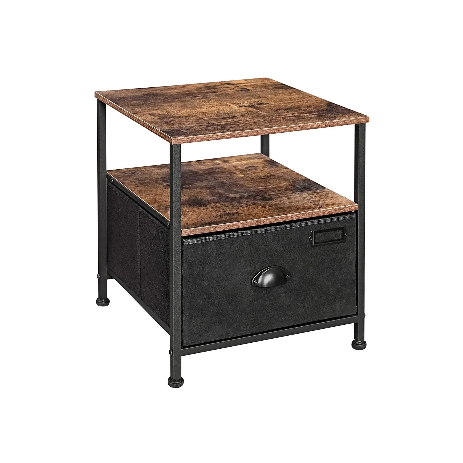 Nachtkastje met 1 diepe lade en 2 planken – Vintage bruin & zwart – Metalen frame