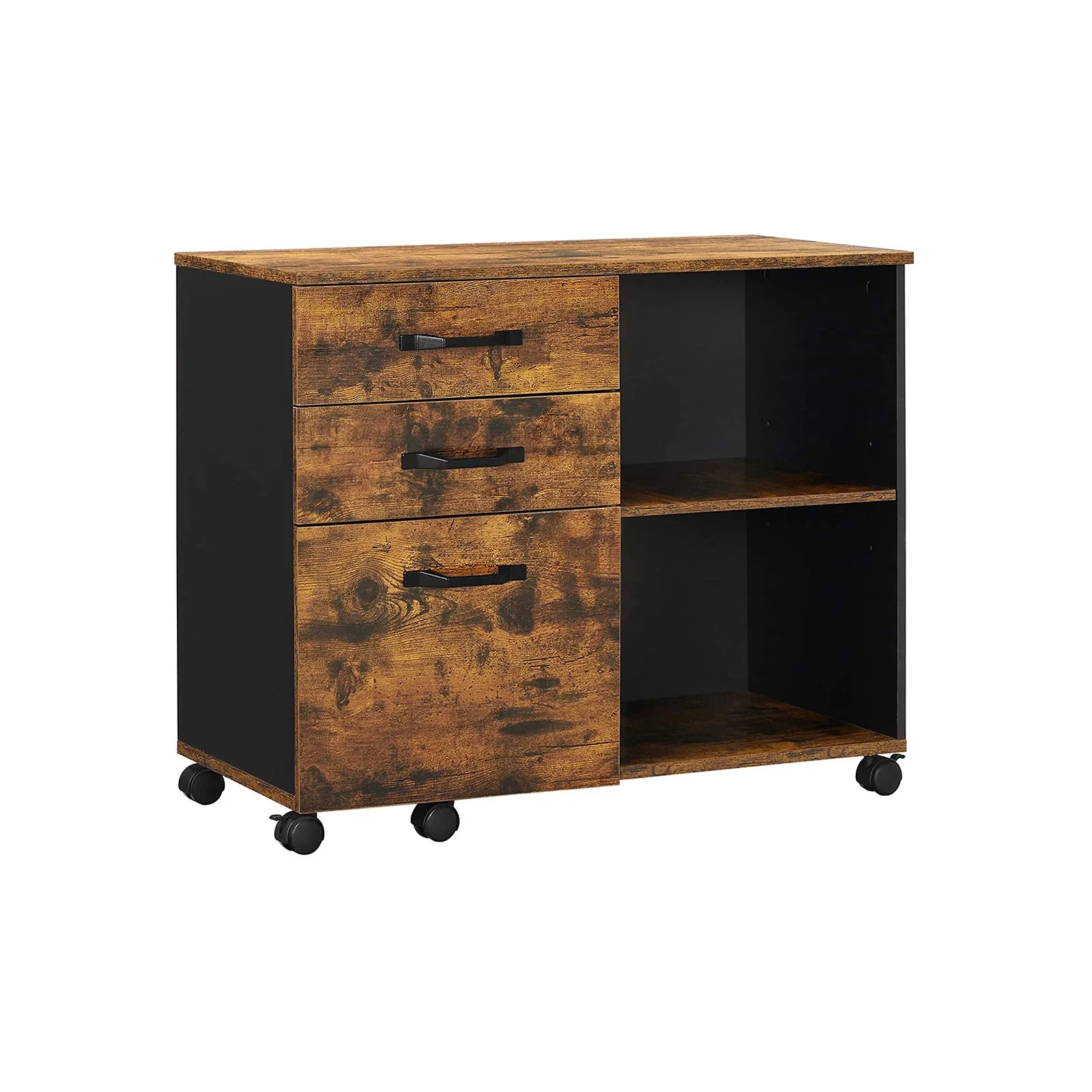 Archiefkast met 3 lades – Met wielen – Tot 60 kg draagvermogen – Vintage bruin-zwart