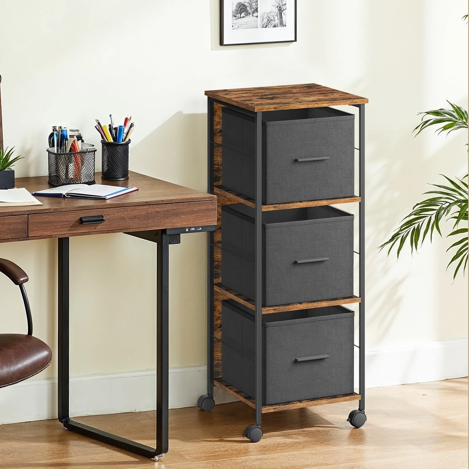 Archiefkast – 2 Laden – Printerstandaard – Vintage bruin-inkt zwart