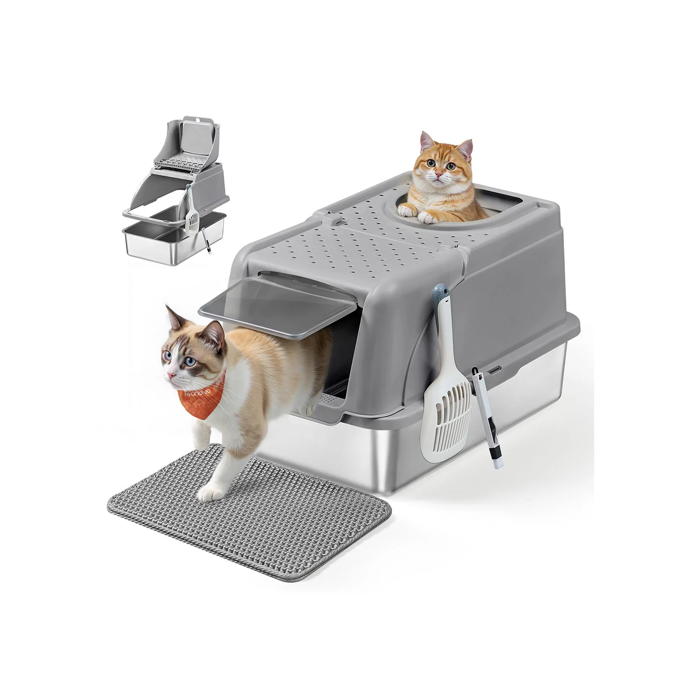Kattenbak – Roestvrij staal met schepje en borstel – Duifgrijs