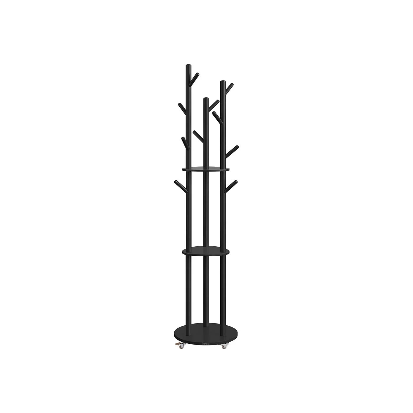 Kapstok – Massief hout – 11 haken en 3 planken – Inkt zwart – Verstelbare wielen