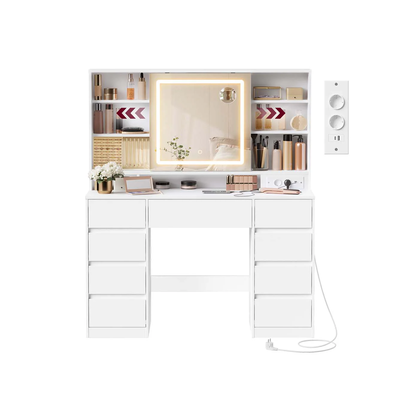 Kaptafel – Make-up Tafel  – Met 10x vergrotende spiegel – LED-verlichting – 9 lades – Wolkenwit – met Stopcontact
