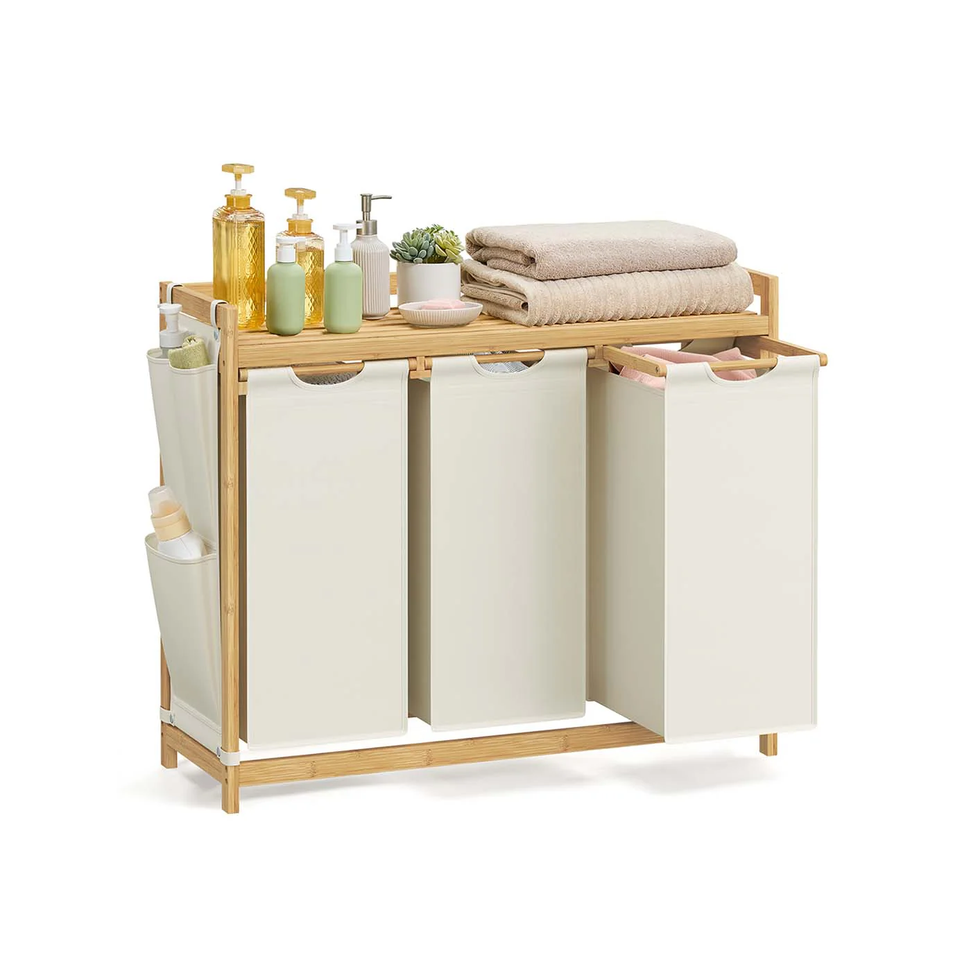 Wasmand met 3 compartimenten – 150L capaciteit – Bamboe materiaal – Uittrekbare voeringen