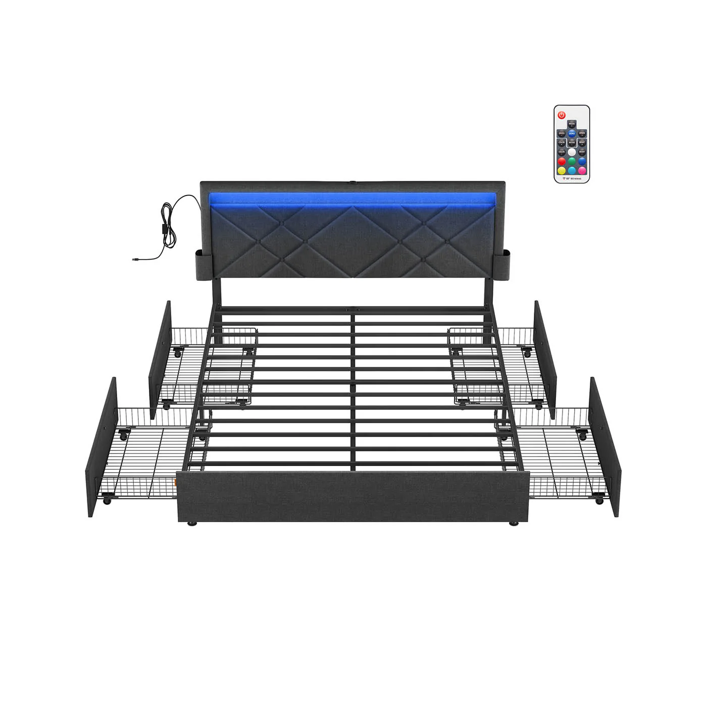 Tweepersoonsbedframe met LED en 4 lades leigrijs-mat zwart