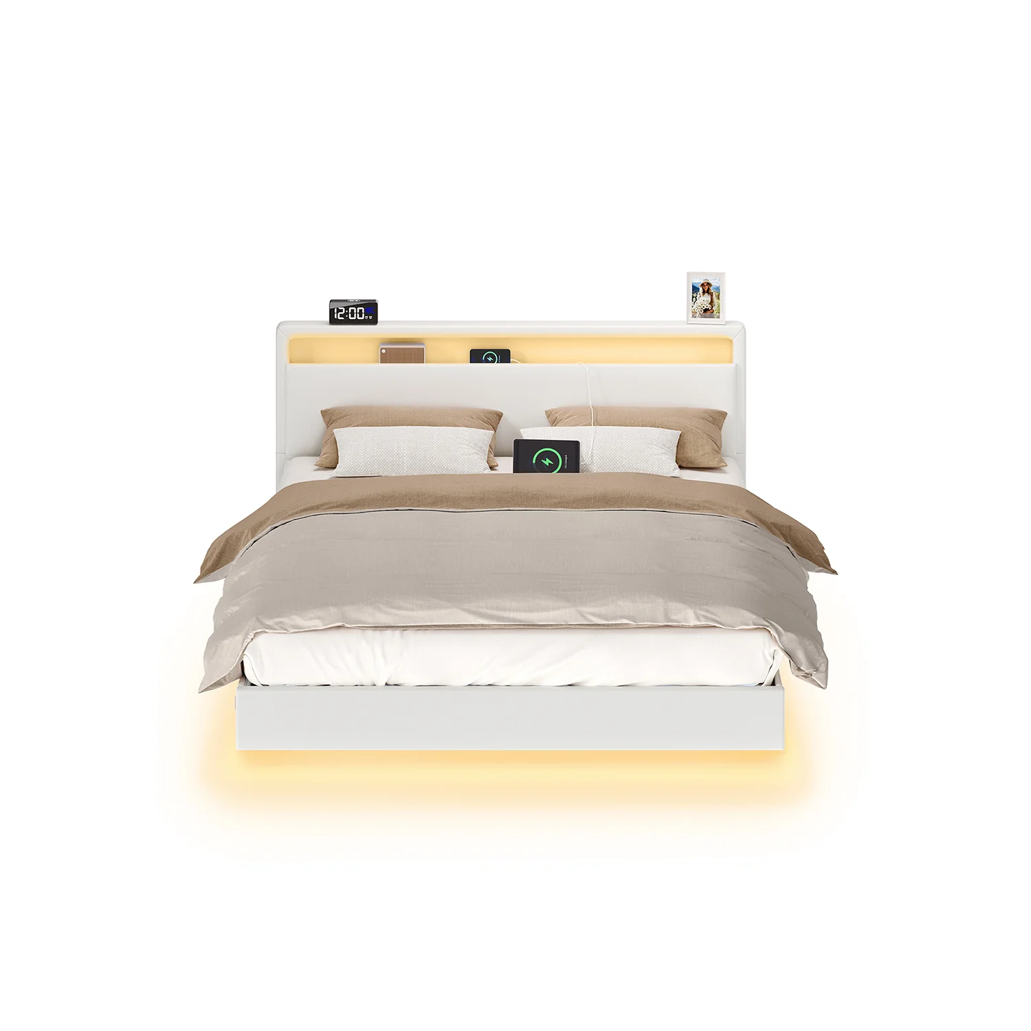 Bedframe 160×200 cm met LED-verlichting en USB-laadstation wolkwit
