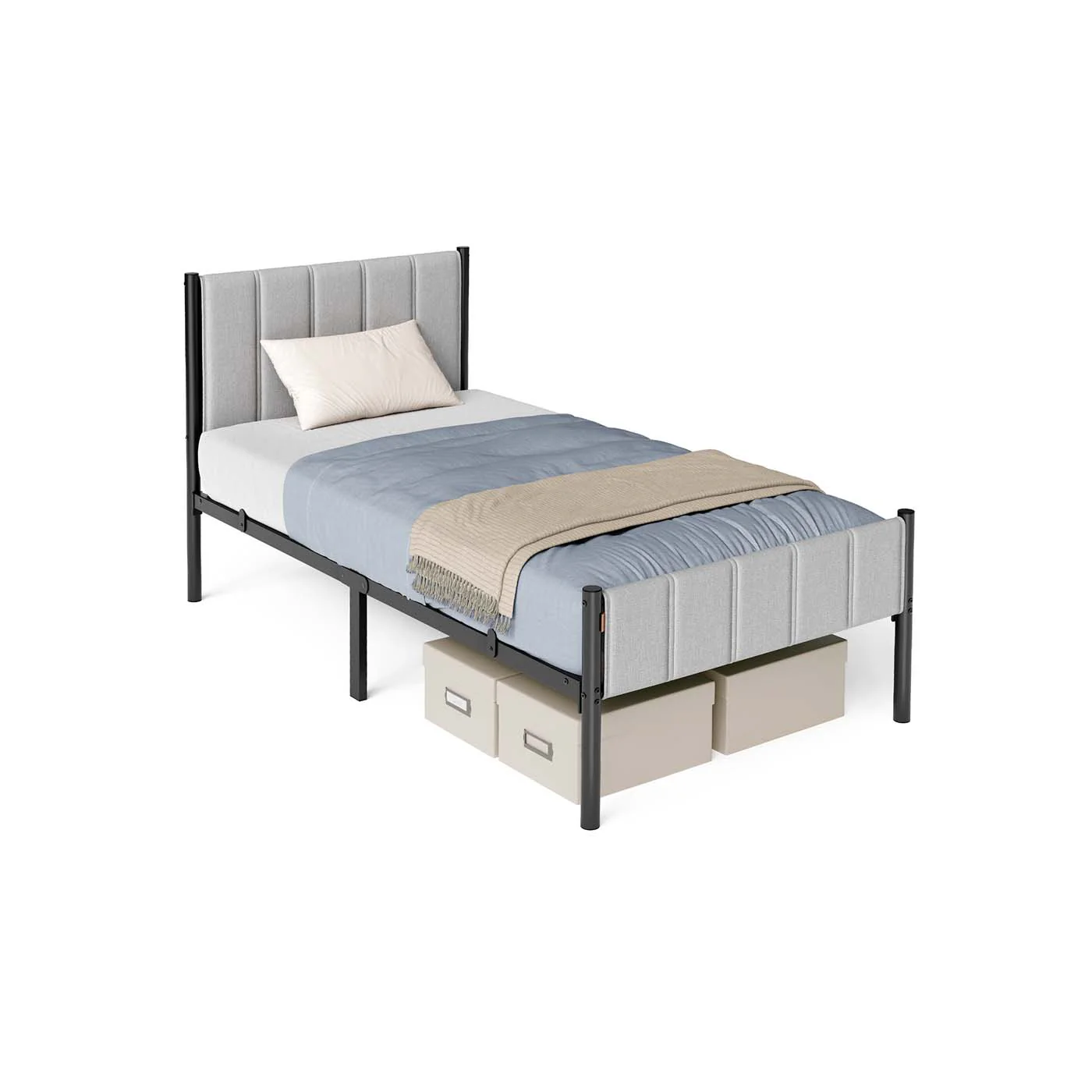 Eenpersoonsbedframe met stalen onderplaat – Duifgrijs
