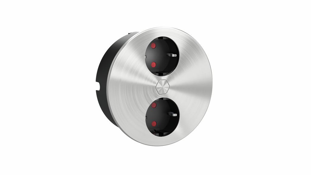 Duplex E dubbele contactdoos, Contactdooselement, rond, met veiligheidsstopcontacten, roestvrij staal