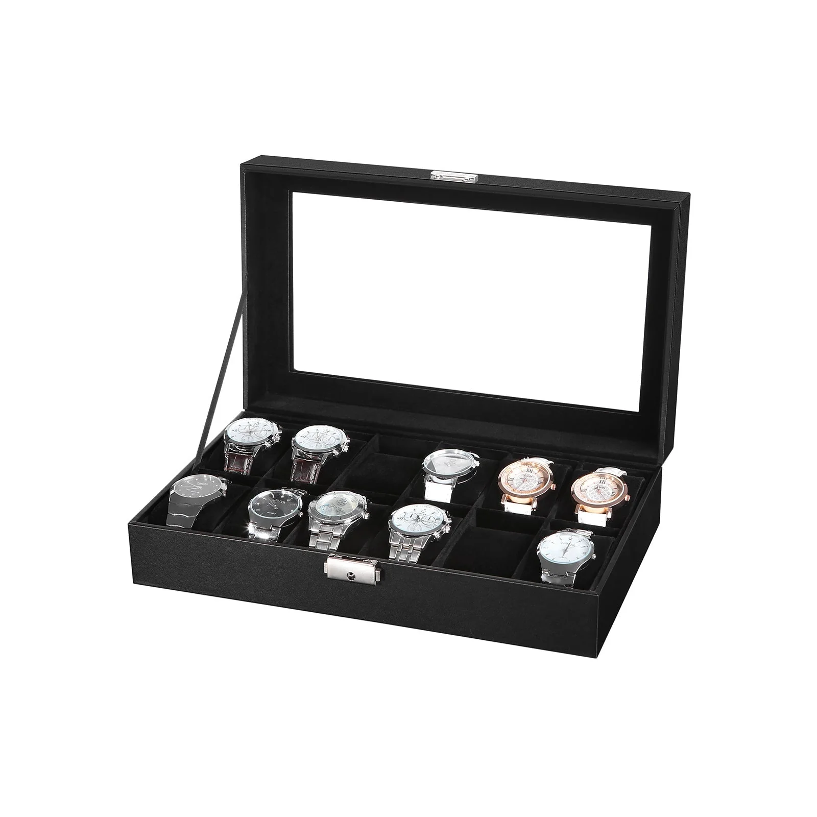 Horlogebox – 12 compartimenten – glazen deksel – zwart