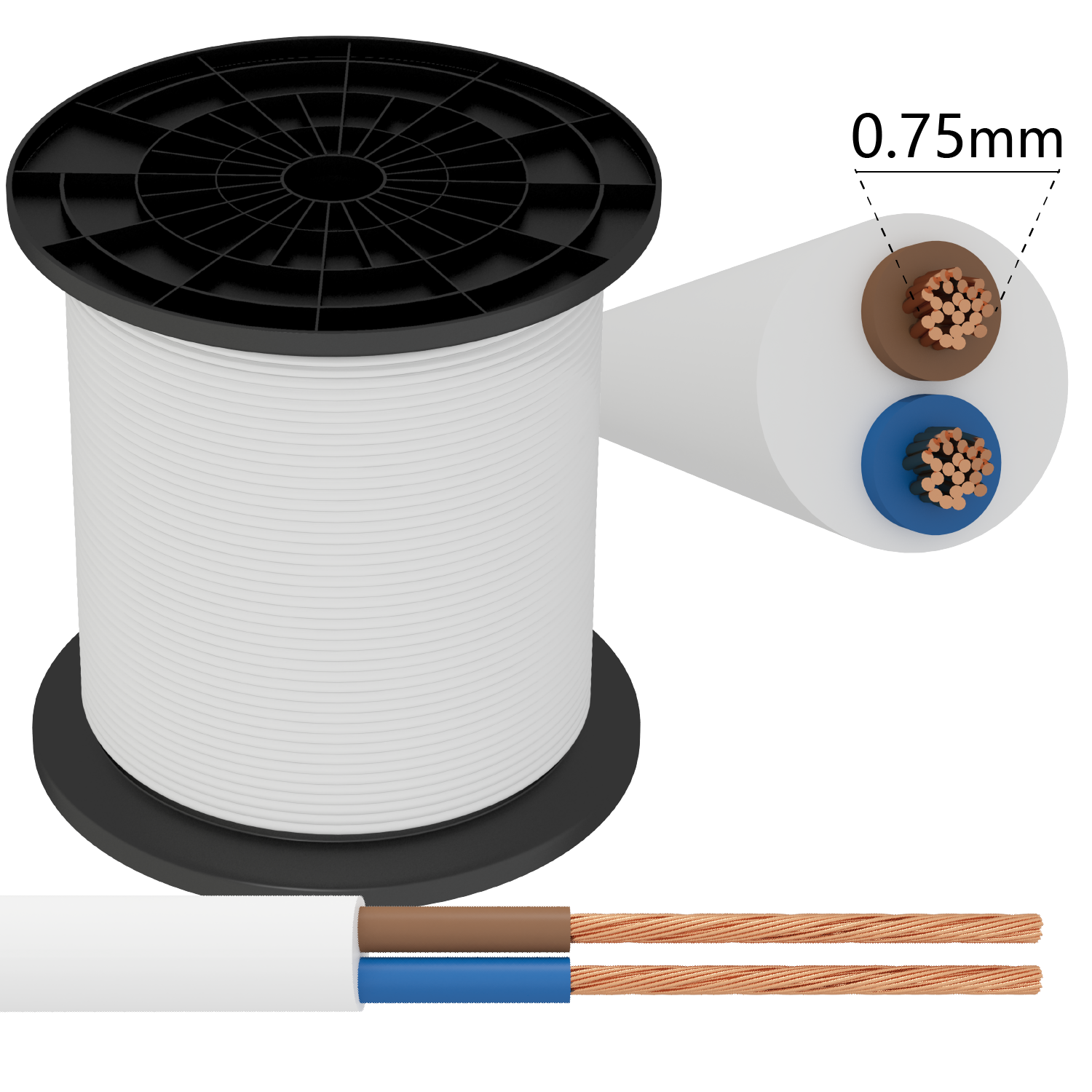 Aansluitsnoer – 150m – 2×0,75mm2 met witte mantel plat – H05VVH2-F