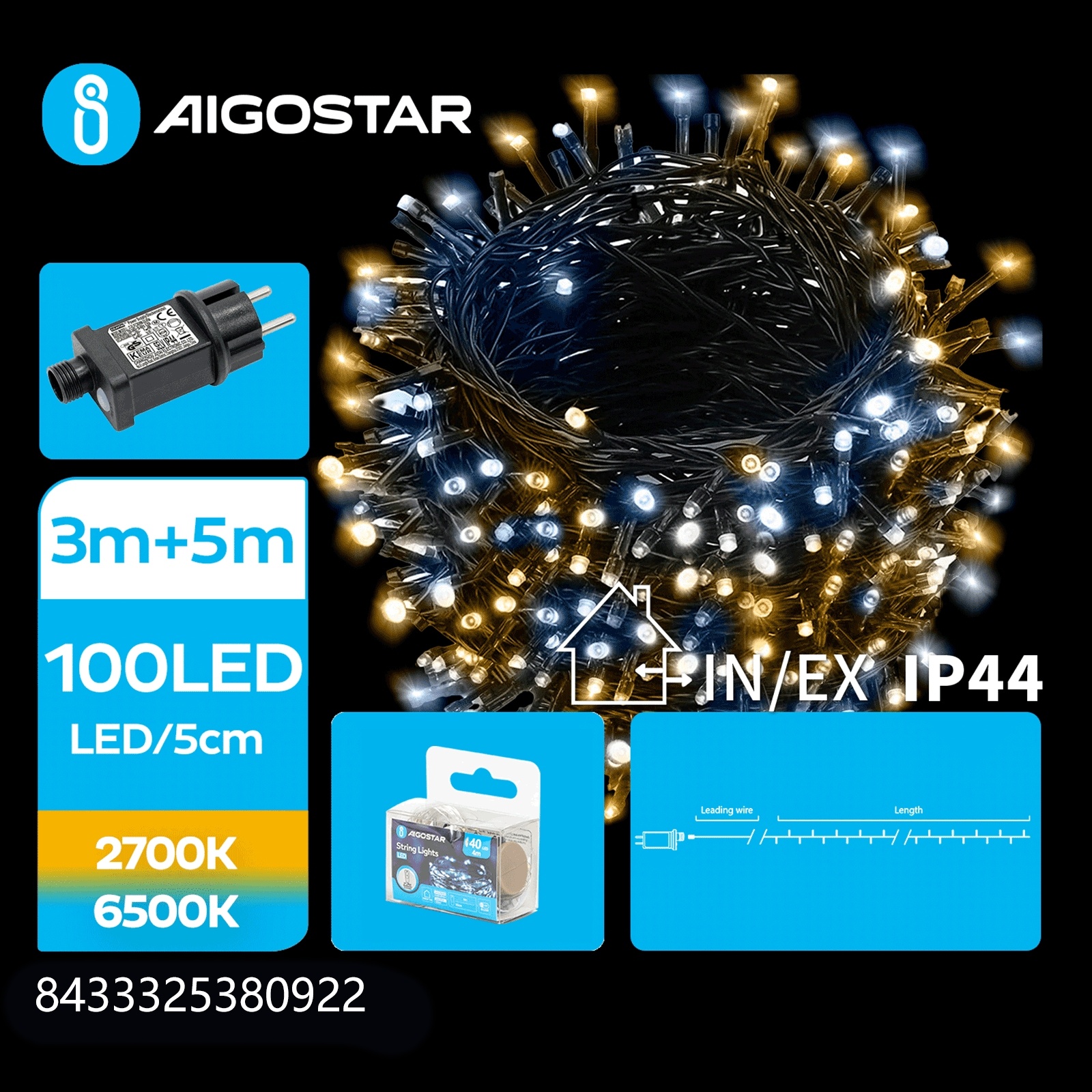 LED Kerstslinger – 100 LEDs – 2700K & 6500K – 5 Meter – IP44 Waterdicht