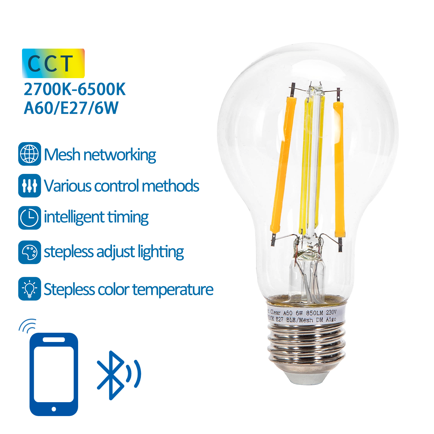 LED Lamp – Bluetooth Mesh – E27 – 6W – A60 – Bolvormig – Filament