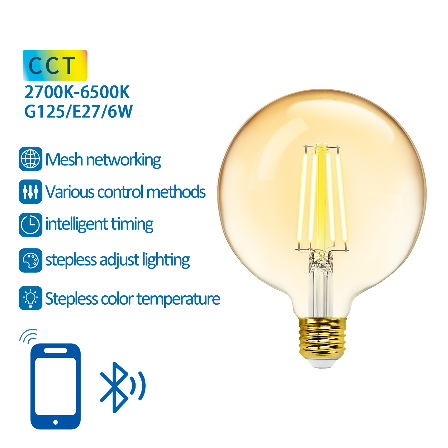 LED Lamp – Bluetooth Mesh – E27 – 6W – G125 – Filament