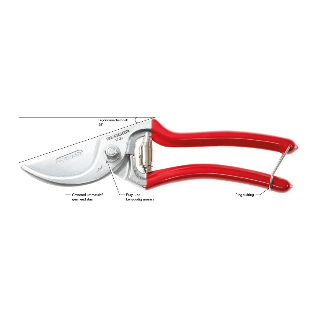 BERGER 1700 Snoeischaar ergonomisch 22 cm RVS met rood handvat