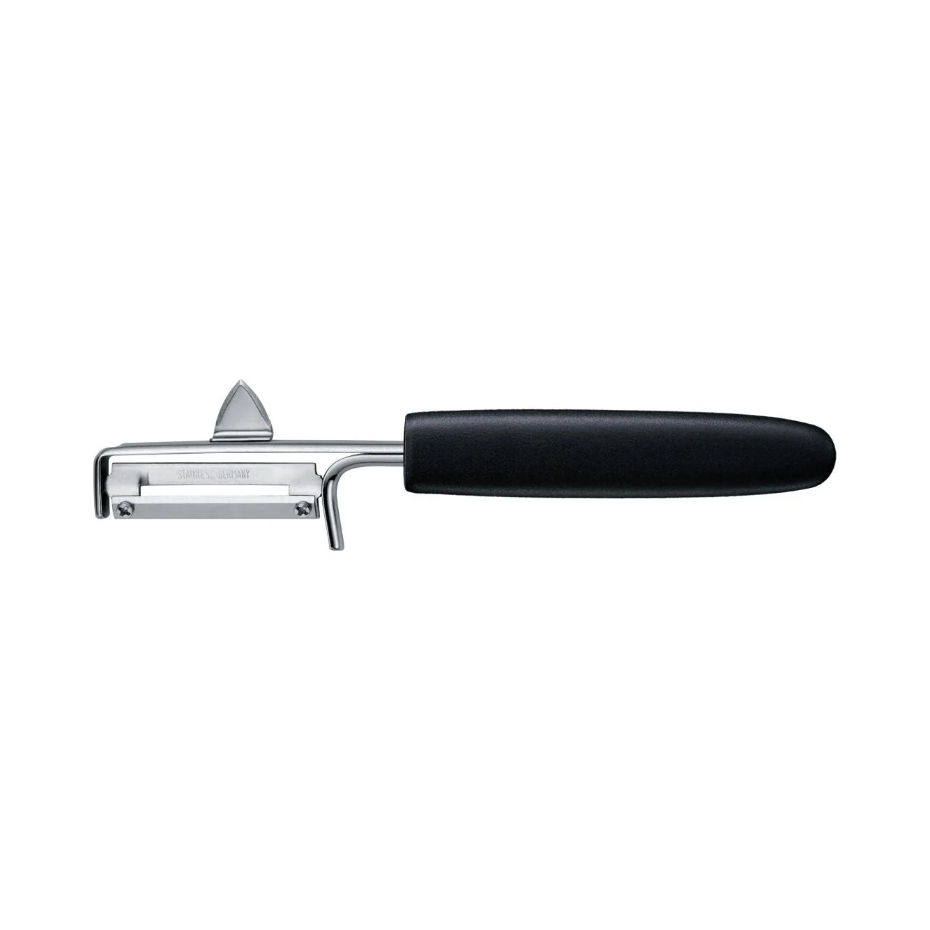 TRIANGLE Professional dunschiller 15,5 cm van RVS rechtshandig met zwart kunststof heft en aardappel ontpitter