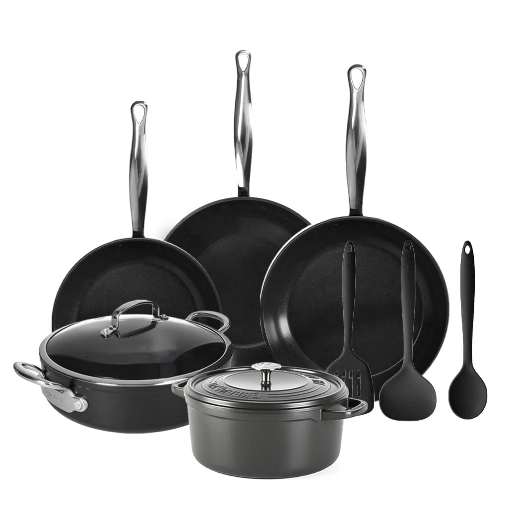 GreenPan – Barcelona Pro All You Need 9-piece Pan Set 20/24/24/28/22 cm – 2 frying pans + casserole with lid + wok + roasting pan + 3-piece spatula set