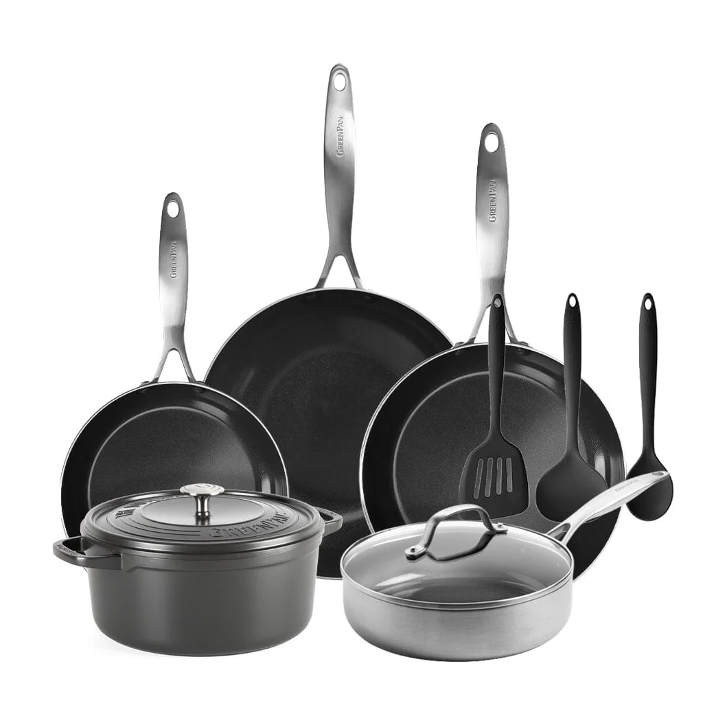 GreenPan – Geneva All You Need 9-piece Pan Set 18/24/24/28/28 cm – 2 frying pans + casserole with lid + wok + roasting pan + 3-piece spatula set
