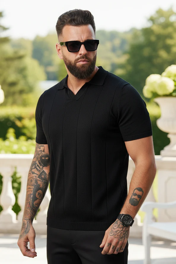 Buttonless Knitwear Polo Short Sleeve Black