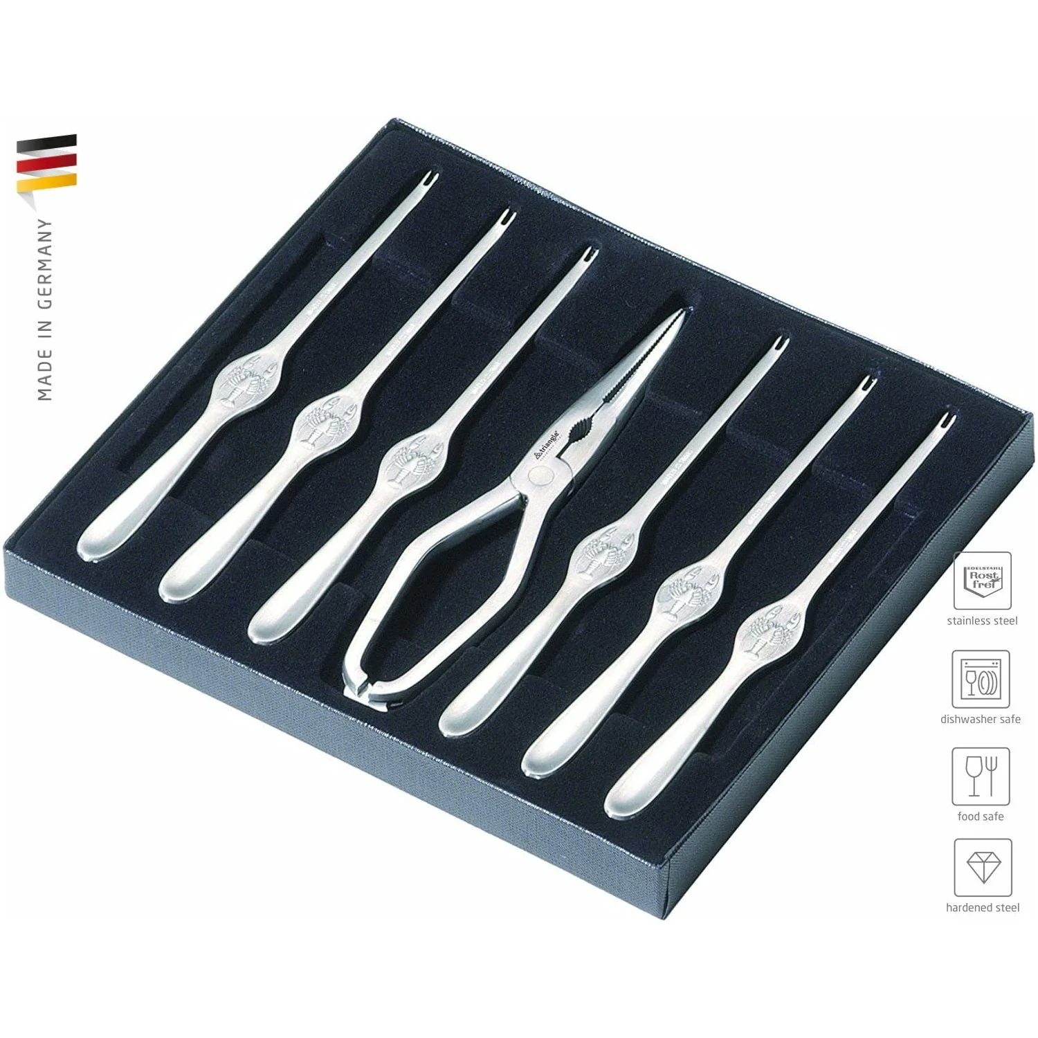 TRIANGLE luxe roestvrijstalen kreeften- krabben- set 7-delig, kreeftenschaar en 6 vorkjes