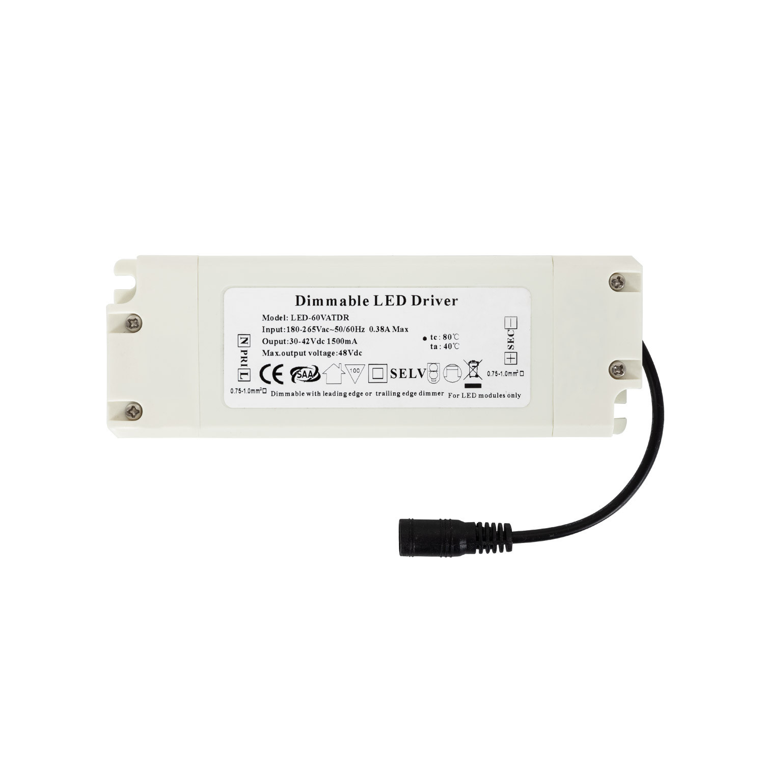 Dimbare LED driver 65W – Triac / fase aansnijding – voor 54W/65W LED paneel – Flicker vrij – 25-42V 1500mA