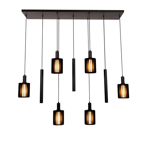 Hanglamp – 6xE27 – Rechthoek – Zwart – Aluminium – In Hoogte Verstelbaar 50–180 cm – Dimbaar – 2 Jaar Garantie