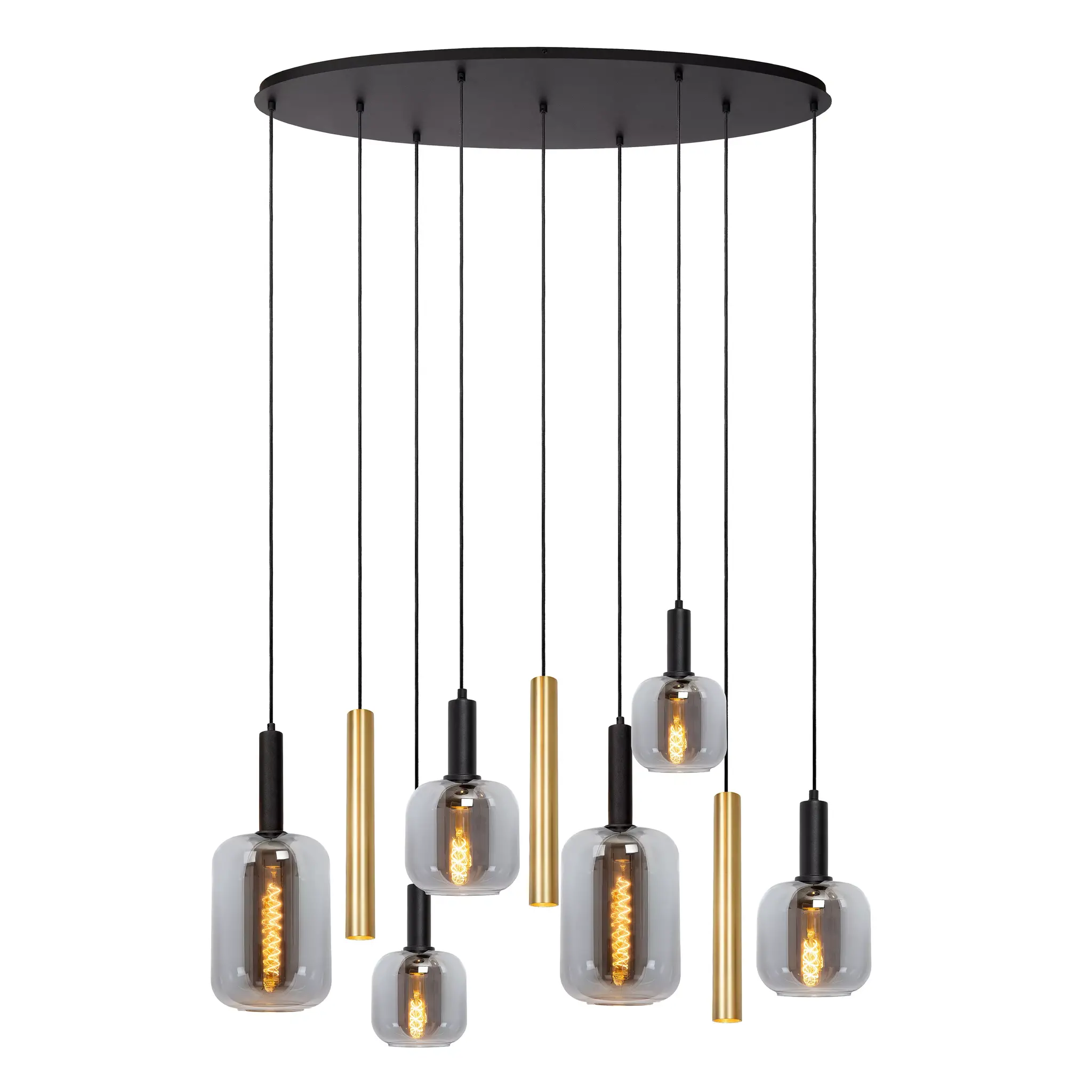 LED Plafondlamp Hanglamp – JOANET Ovaal 9-Lichts – Zwart Goud Messing – Dimbaar – 130×35 cm  | Designlamp 6x E27  3x GU10 Fitting