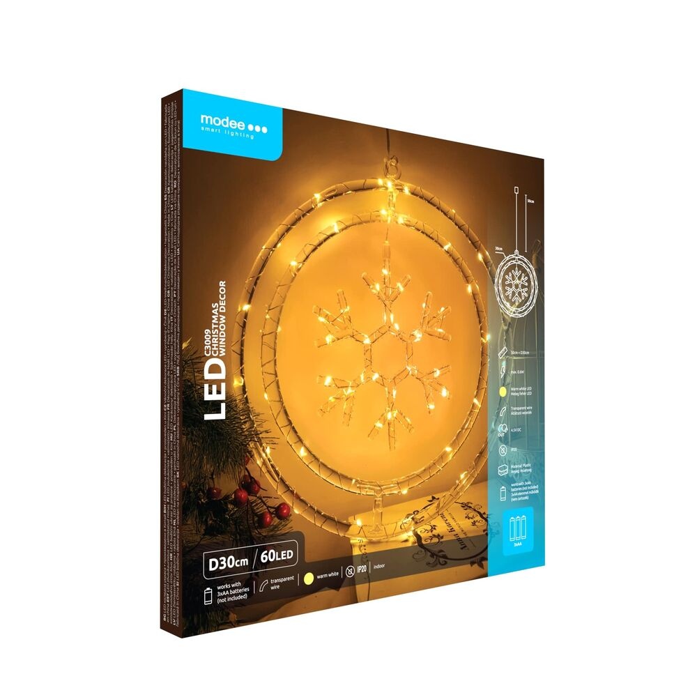LED Kerstkrans Sneeuwvlok – Ø30cm – 48 LED's – Warm Wit – Op Batterij