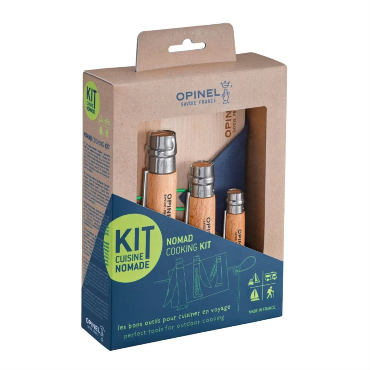 Opinel Nomand kookset outdoor 5-delig mesbord handdoek reisset blauw